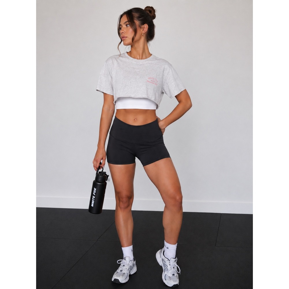 White Fox Essentials Club Cropped Graphic T-Shirt Heather Grey Pink Logo L/XL